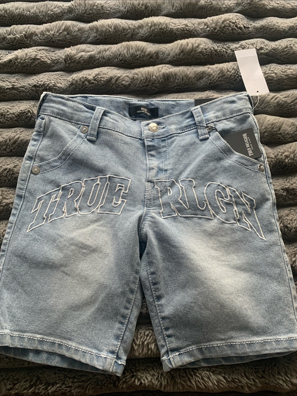 True Religion Light Blue Embroidered Denim Shorts